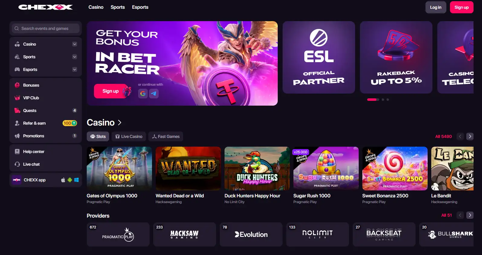 CHEXX Startseite mit der Präsentation von Casino und Sportwetten