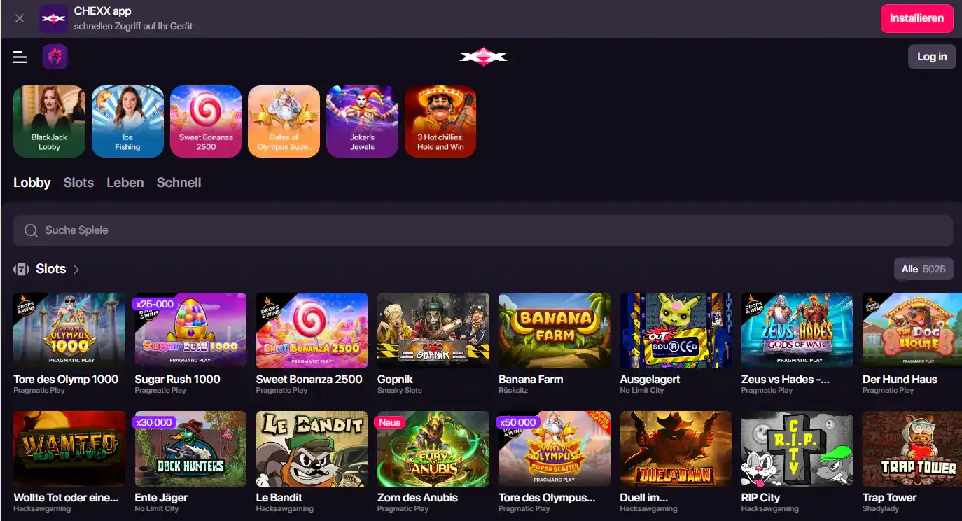 CHEXX Slots-Lobby mit sichtbaren Slot-Kategorien und Spielekacheln
