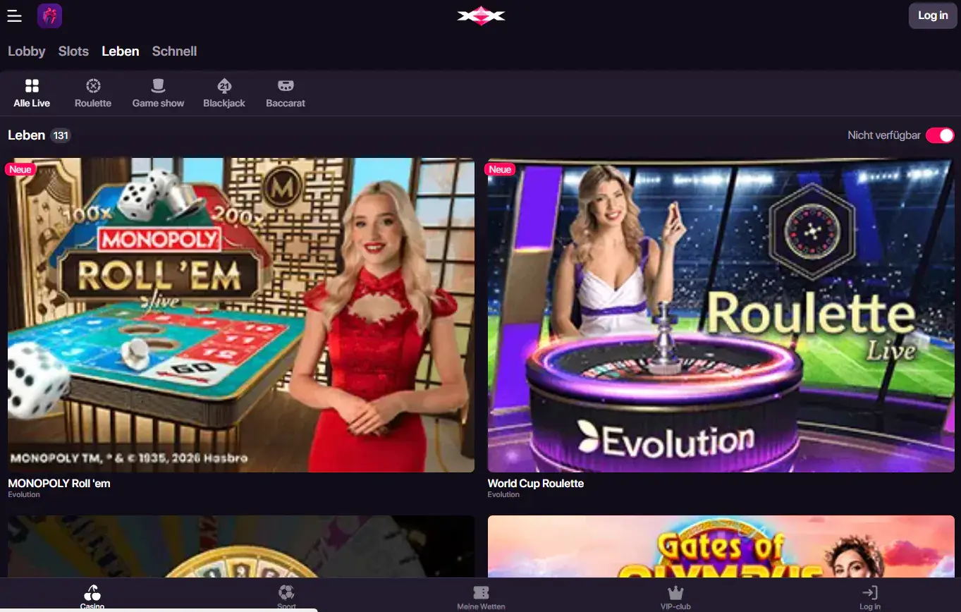 CHEXX Live-Casino-Lobby mit sichtbaren Live-Tischen und Kategorien