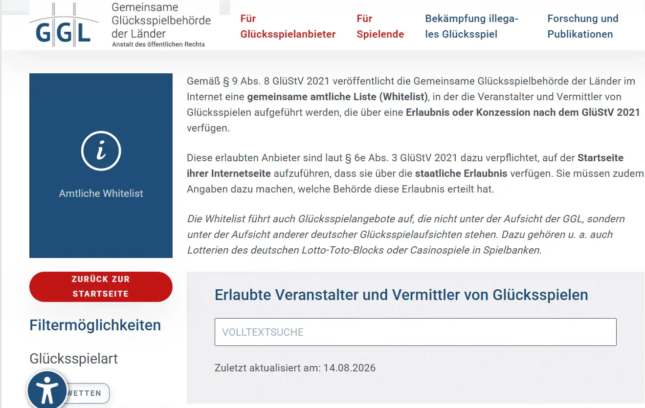 Amtliche GGL-Whitelist mit Datum 14.08.2026 und einer Volltextsuche nach CHEXX ohne Treffer