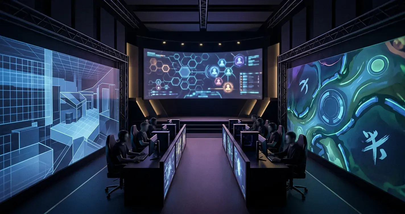 Neutrale Esports-Arena mit abstraktem taktischem Shooter- und MOBA-Kontext ohne Teamlogos