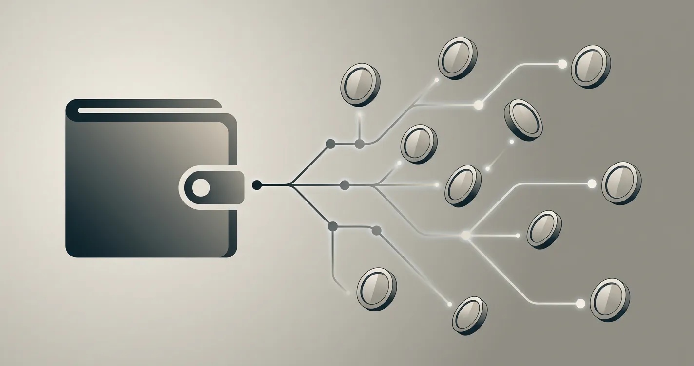 Abstrakte Darstellung mehrerer Krypto-Netzwerke mit verbundenen Knoten und einer neutralen Wallet-Silhouette