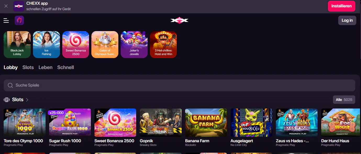 CHEXX Casino-Lobby mit sichtbaren Spielekategorien und Provider-Auswahl