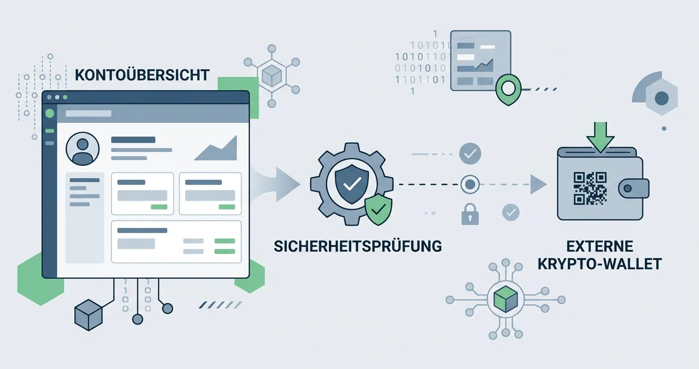 Neutrales Ablaufdiagramm einer Krypto-Auszahlung vom Casino-Konto über eine mögliche Sicherheitsprüfung zu einer externen Wallet