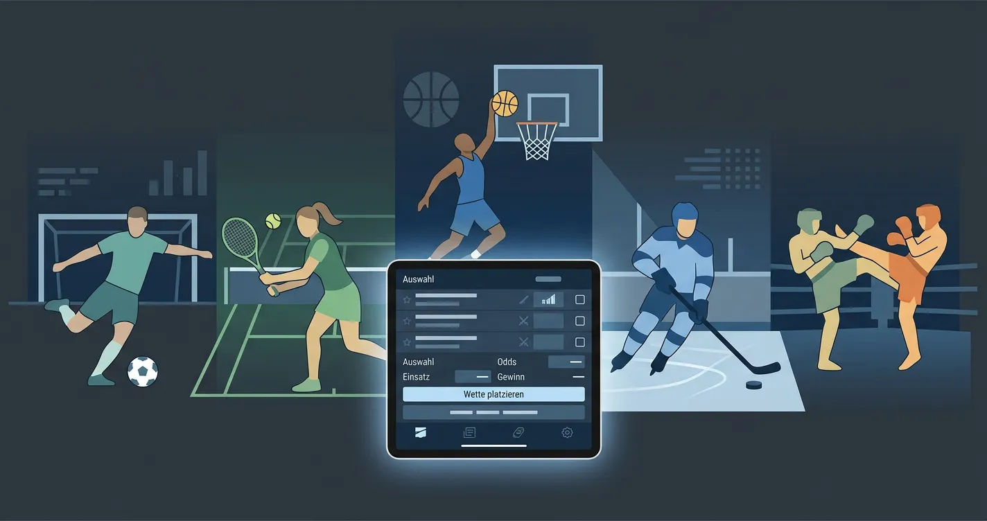 Neutrale redaktionelle Illustration zu Sportwetten mit mehreren Sportarten und digitalem Wettschein