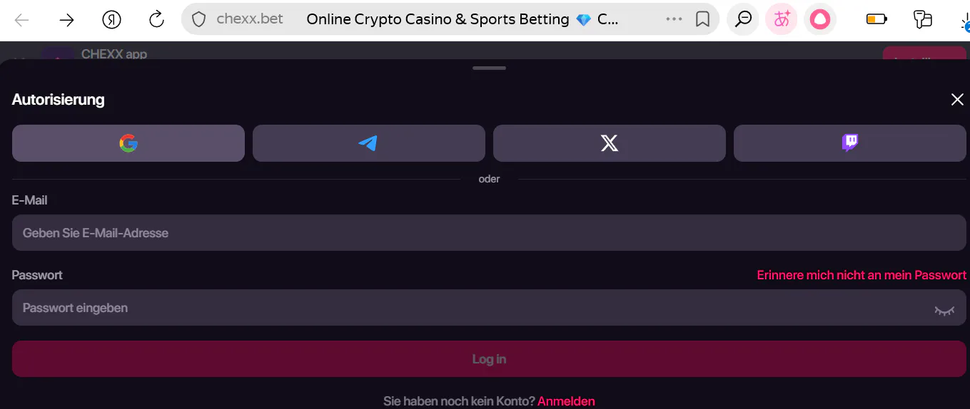 Echter Ansicht des CHEXX Registrierungsdialogs mit sichtbaren Anmeldeoptionen und ohne personenbezogene Daten